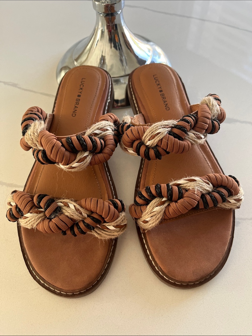 Lucky Brand Tan and Black Braided Rope Slide Sandals
